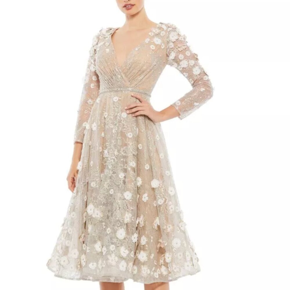 Mac Duggal Floral Embellished Midi Dress in Cream and White